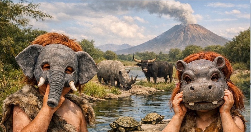 Bambina e bambino di Neanderthal mascherati lungo il fiume di Casal de’ Pazzi Bambina e bambino di Neanderthal mascherati da animali pleistocenici lungo il fiume di Casal de’ Pazzi