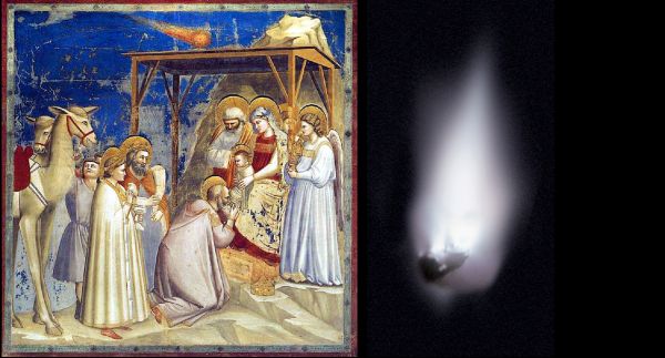 Le due visioni di Giotto. A sinistra: la cometa di Halley rappresentata nel 1304 da Giotto a Padova nella Natività, presso la Cappella degli Scrovegni. L'omonimo astro chiomato ispirò il grande pittore, che lasciò una rappresentazione fedele del fenomeno. A destra: quasi settecento anni dopo, la sonda spaziale Giotto avvicina la cometa di Halley nel 1986, ottenendo la prima visione dettagliata di un nucleo cometario. 